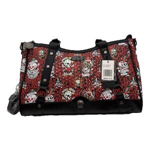 Ed Hardy Vibrant Tattoo Skull Tote Black Red Print Love Dies Hard Handbag Vegan